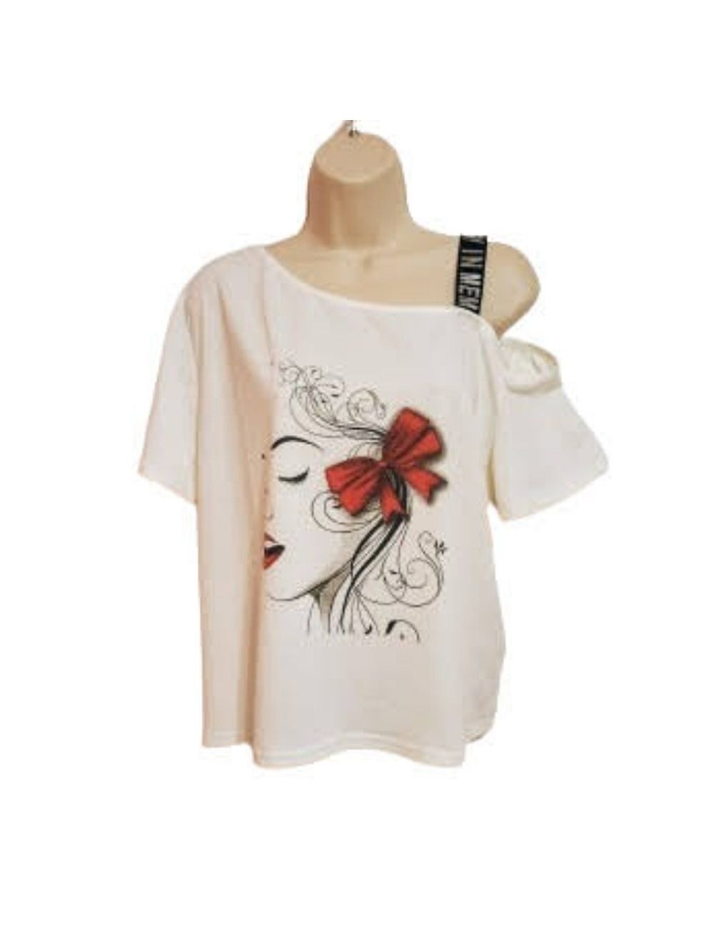 Shein White Face Graphic One Shoulder Knit Top Large